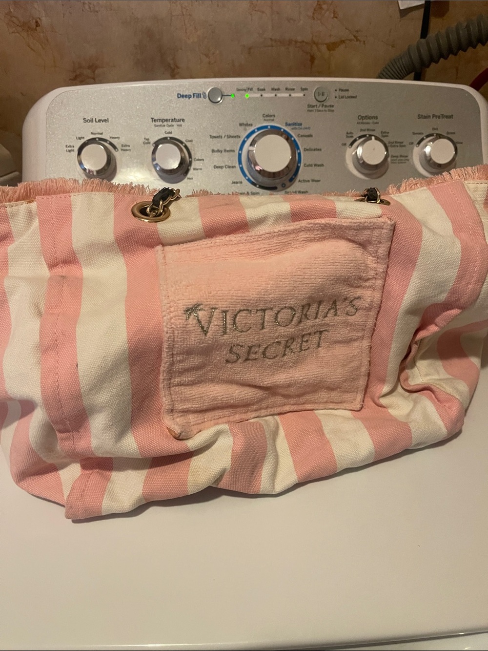 Victoria's Secret Pink and White Striped Canvas Tote with Logo Patch